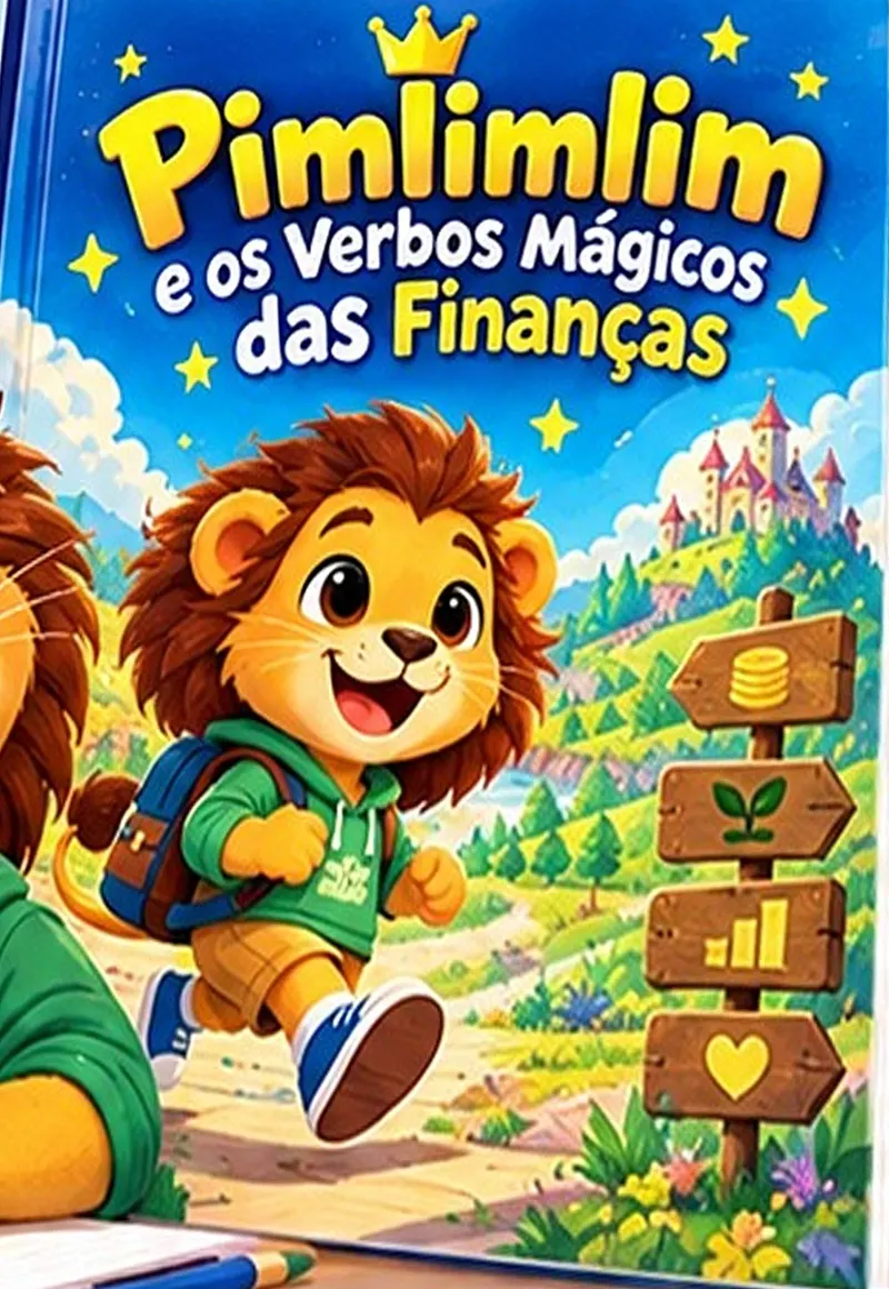 Capa de Pimlimlim e os Verbos Mágicos das Finanças, com um leãozinho de mochila numa trilha